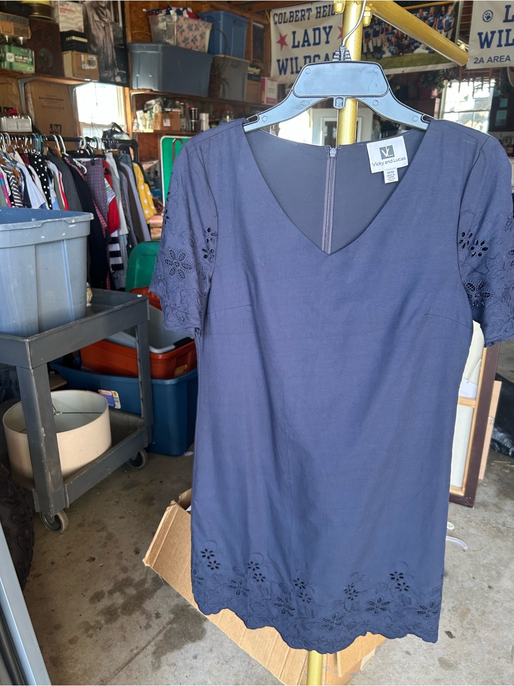 Navy Short Sleeve V-Neck Dress with Eyelet Detail Medium
